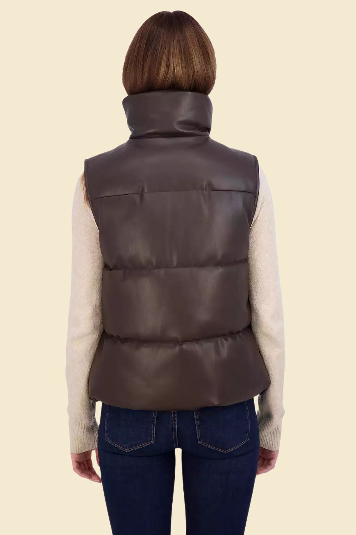 lambskin leather puffer vest in chocolate brown color.