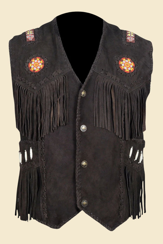 black suede fringe vest with boots and jeans for a bold Western cowboy look.