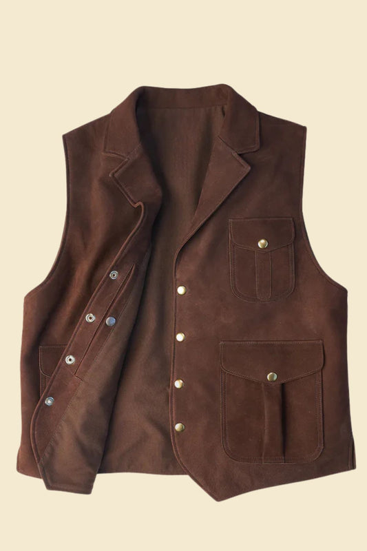 brown leather cowboy vest with jeans and boots for a rugged Western outfit.