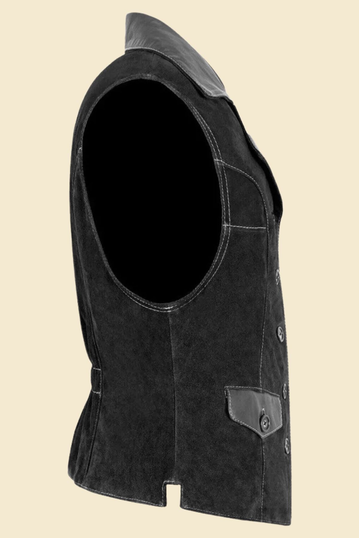 Close-up of black suede texture and clean Western finish