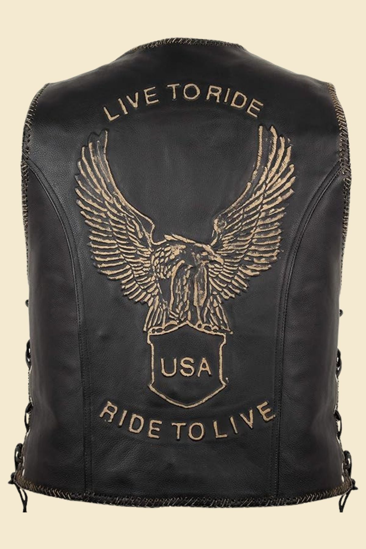 Close-up of genuine cowhide leather texture on black motorcycle vest for men.