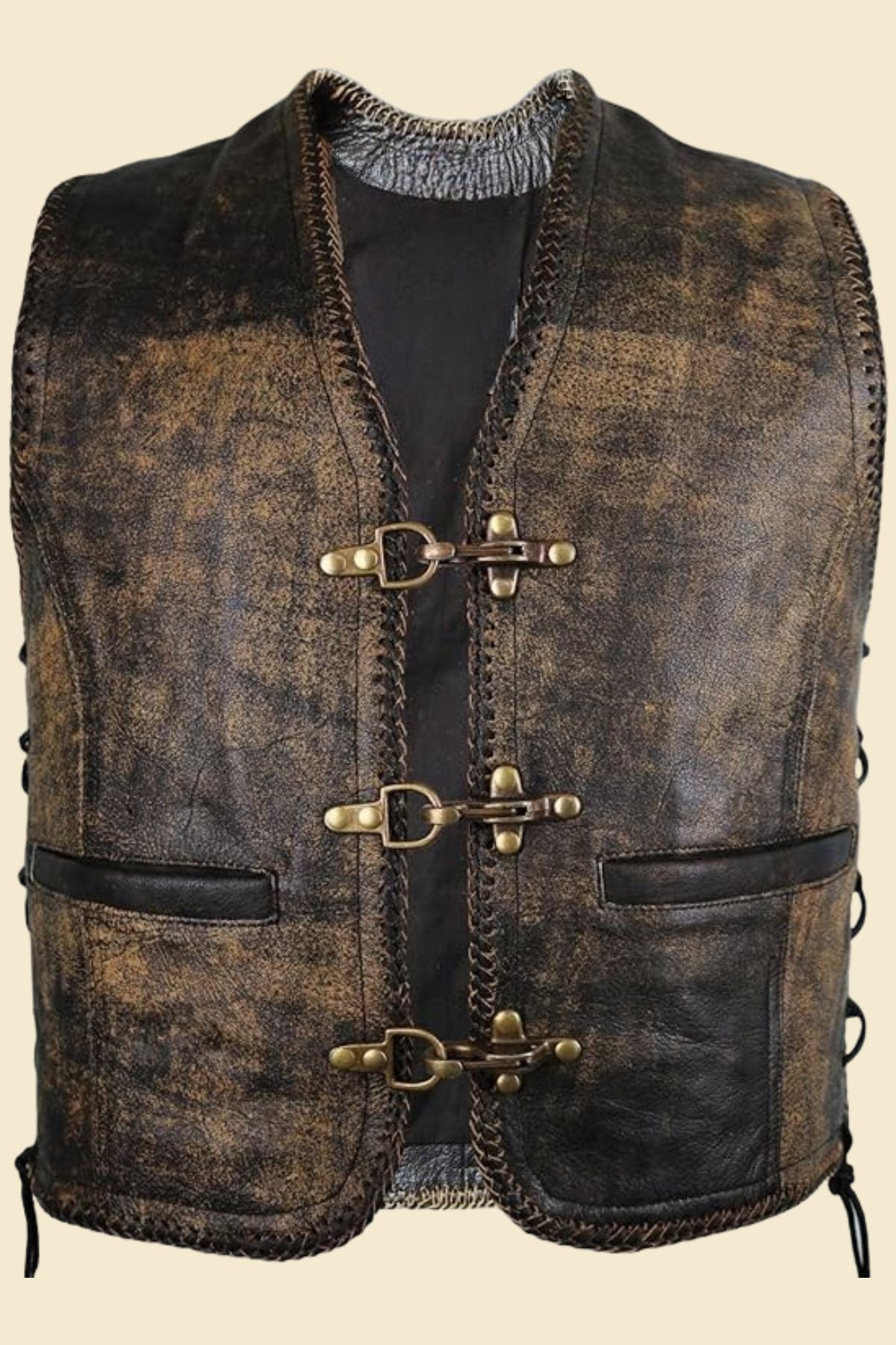  genuine cowhide leather texture on distressed motorcycle vest for men.