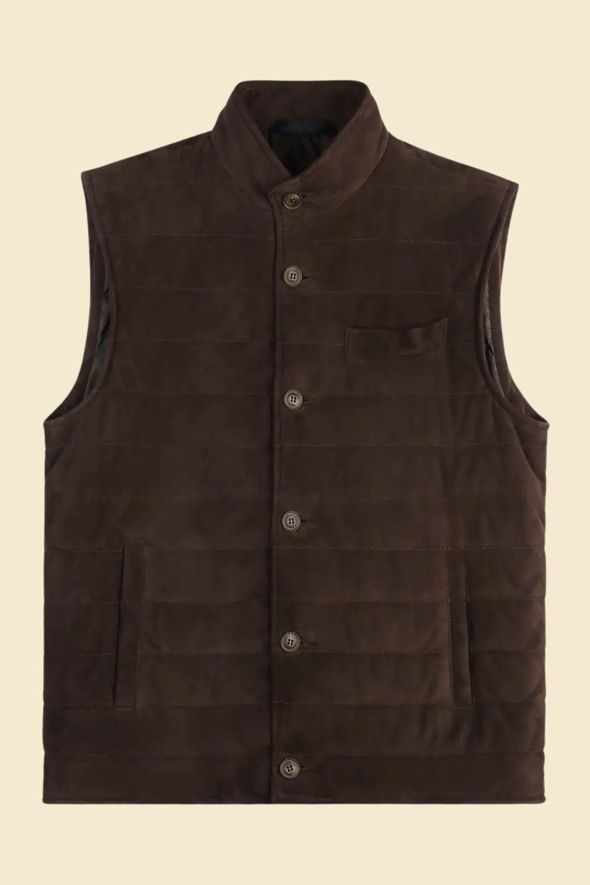 Men’s dark brown suede down vest with quilted padding and full zip
