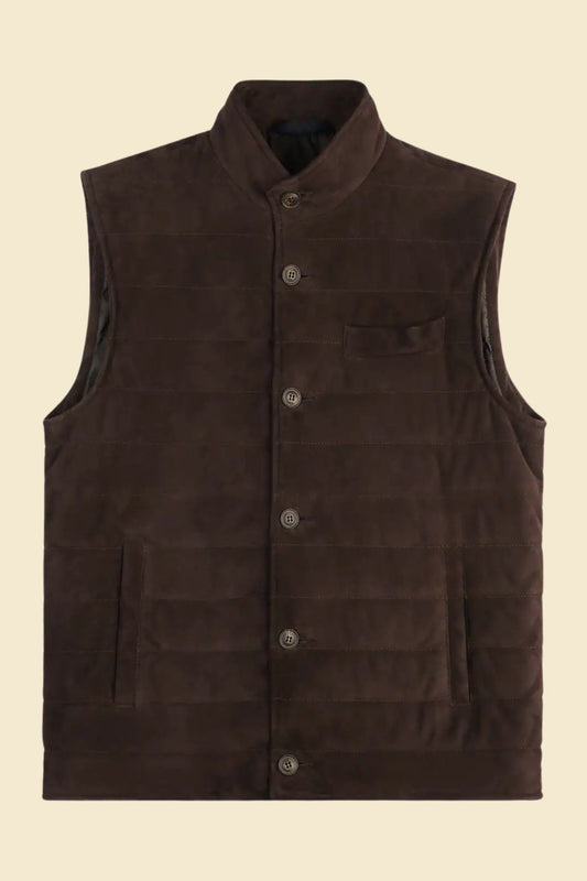 Men’s dark brown suede down vest with quilted padding and full zip