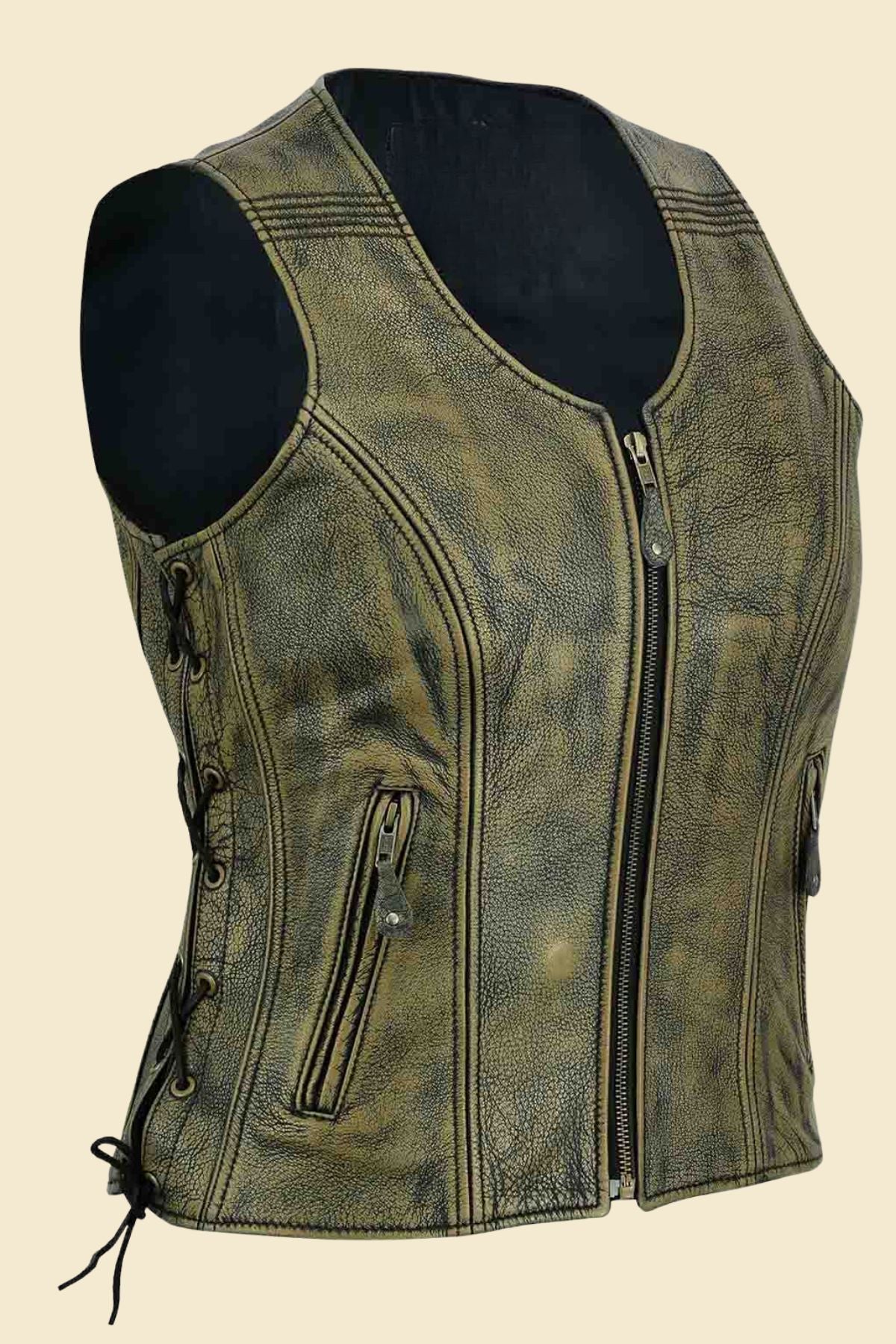 Distressed black leather biker vest for women, made from real cowhide with a vintage finish.