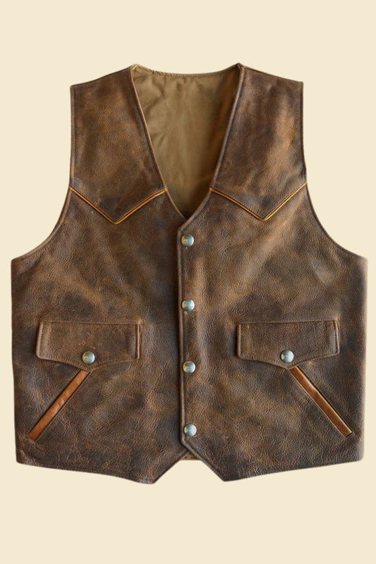 men’s distressed brown leather Western vest made from genuine cowhide.
