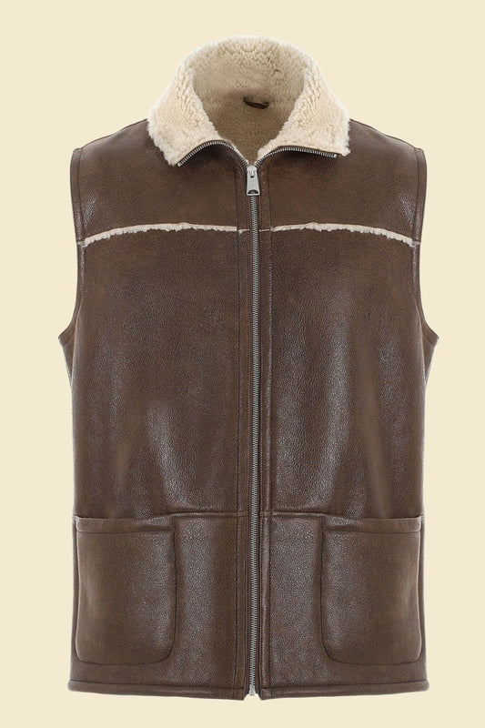 men’s distressed brown leather vest styled in casual streetwear look.