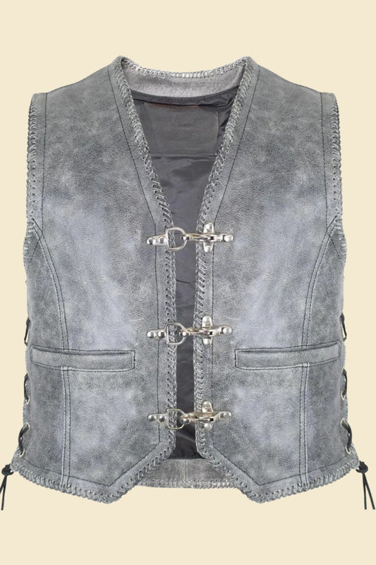 men’s distressed gray leather biker vest made from real cowhide.