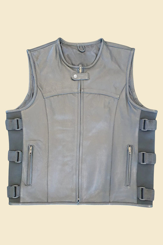Versatile gray leather biker vest for men with multiple utility pockets.