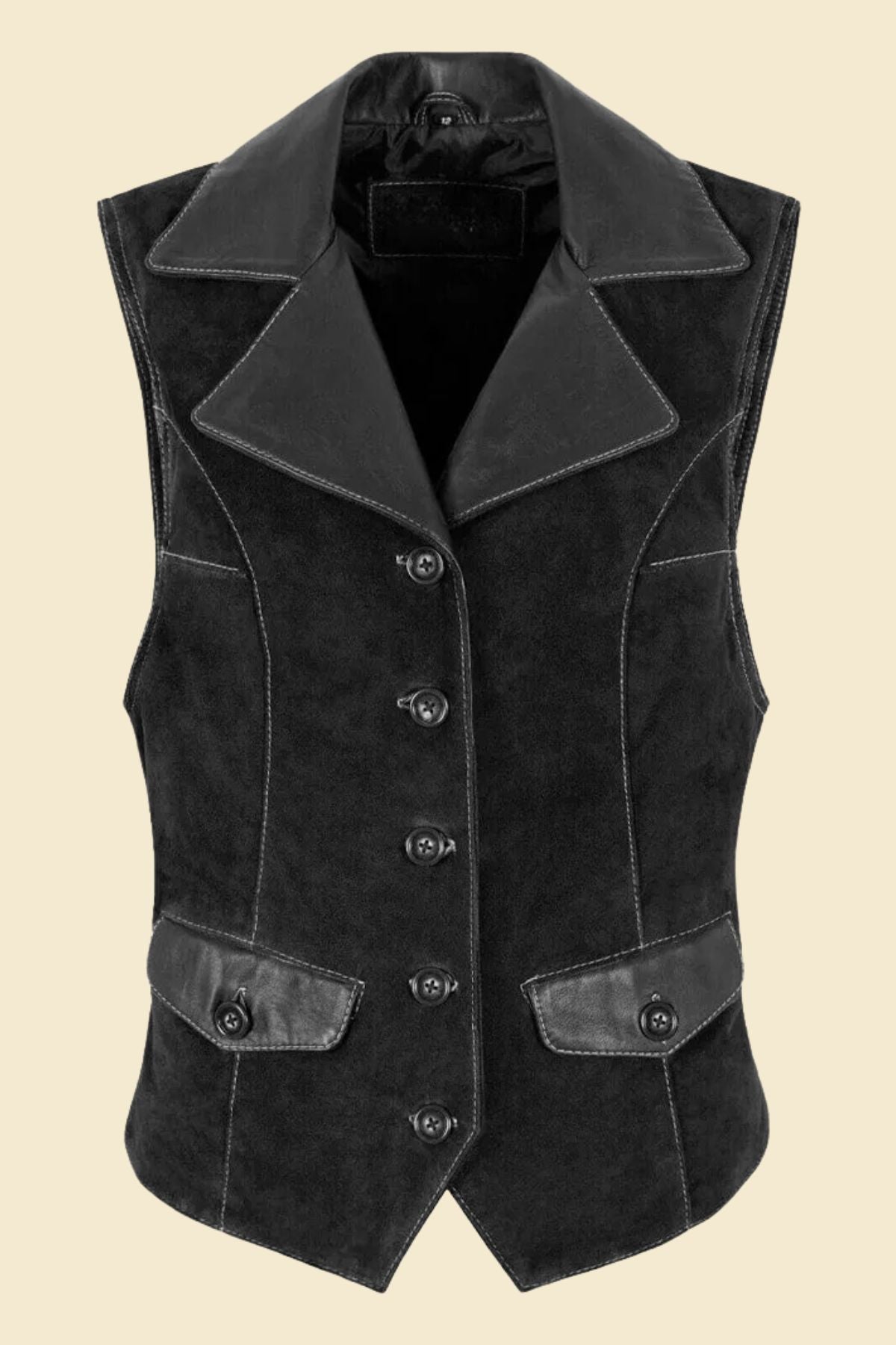 Women’s black leather vest styled for modern Western fashion.