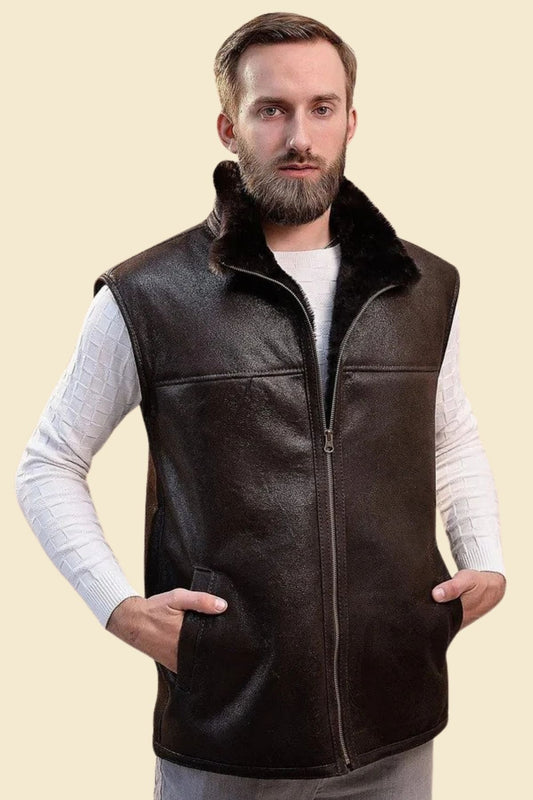 brown lambskin leather texture and soft faux shearling lining from aviator vest.