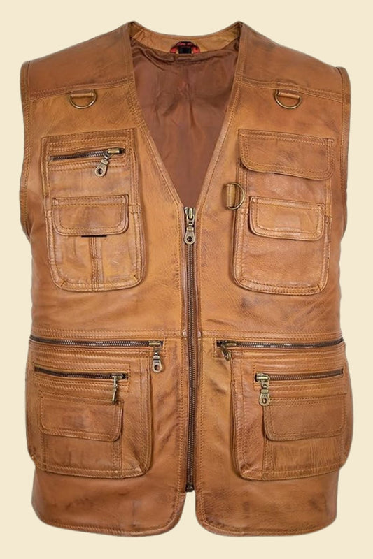 multi-pocket brown leather vest with biker outfit, perfect for riding and rugged style.