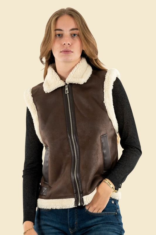  tan leather vest for women, made from lambskin with sherpa interior.
