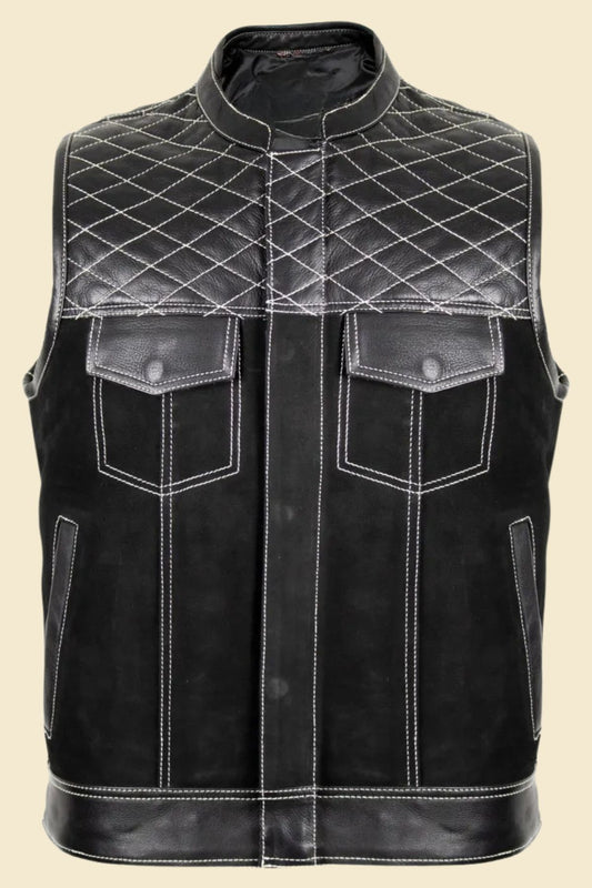 men’s black motorcycle vest combining genuine cowhide leather and denim panels.