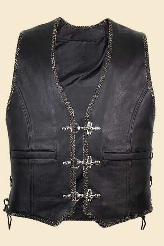 Model styling USA black leather vest with biker boots and jeans for a rugged everyday look.
