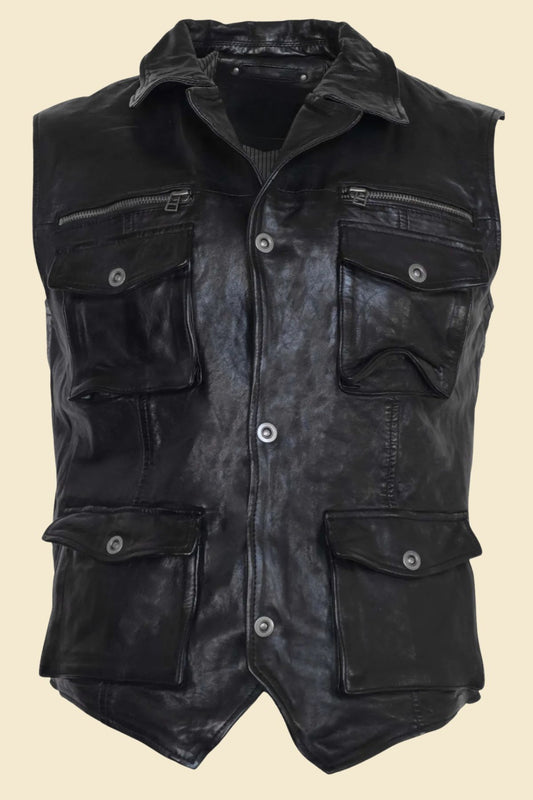 Men’s black biker vest made of genuine leather with multiple utility pockets.
