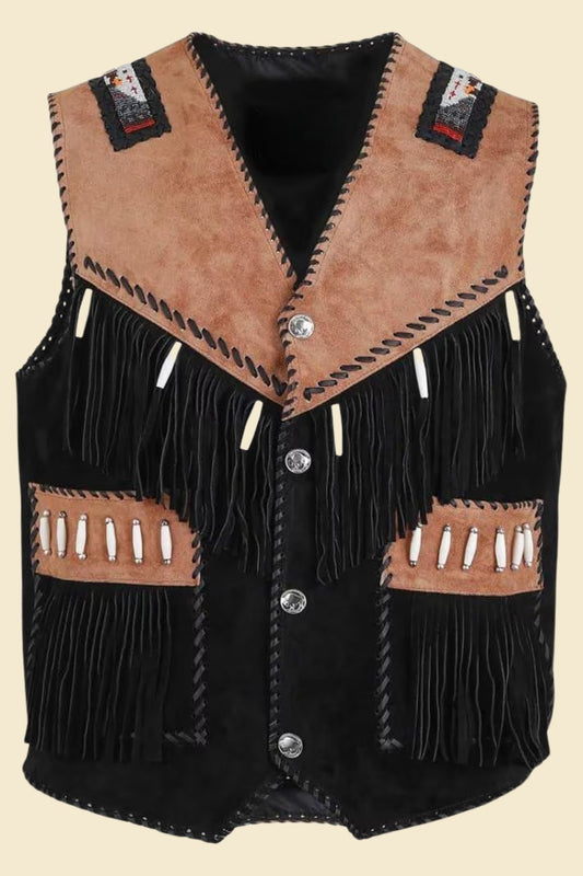 men’s black suede fringe vest with open-front Western-boho fit.