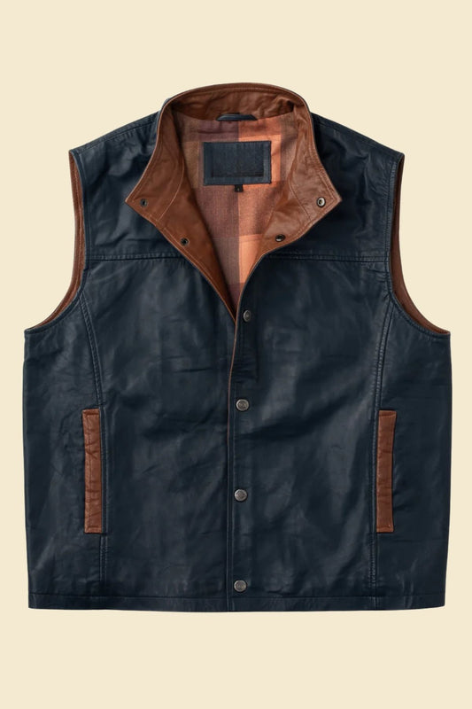 men’s blue sheepskin leather Western waistcoat