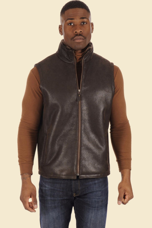 men’s brown lambskin leather vest with faux fur lining in casual style.