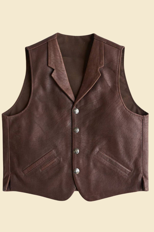 men’s lambskin leather vest in brown with classic Western cut and pointed yoke seams.