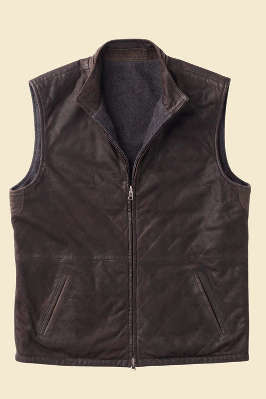Men’s chocolate brown lambskin quilted leather vest