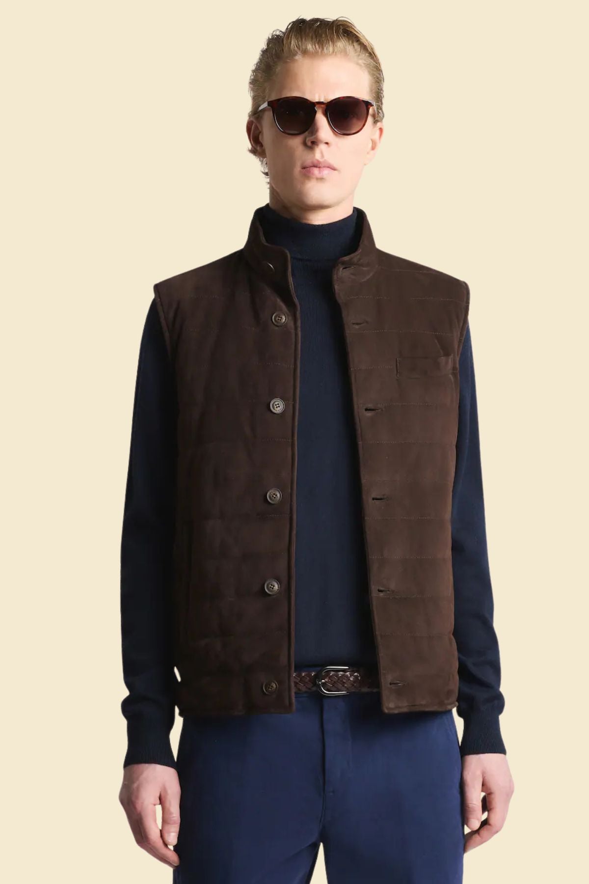 Classic suede puffer vest in dark brown for men, ideal for cool weather.