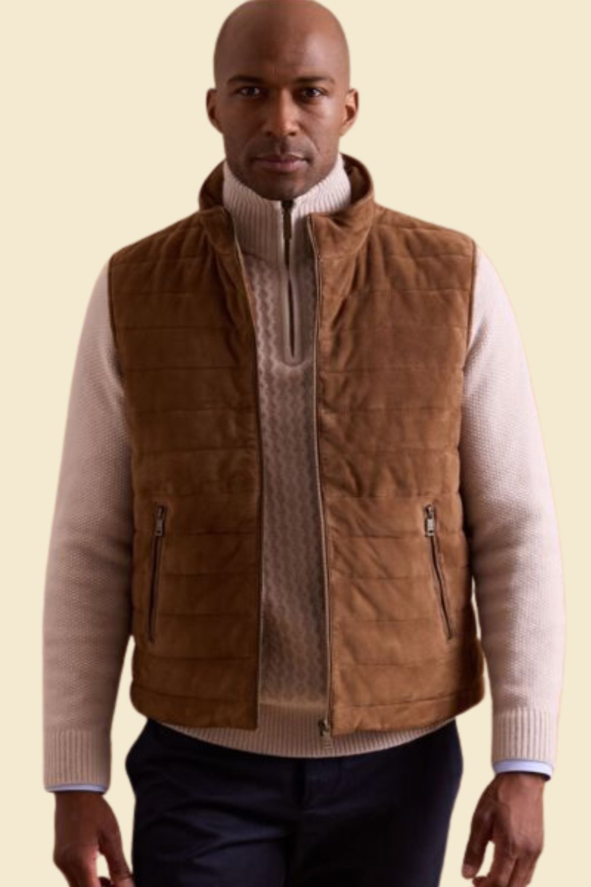 Men’s dark brown suede-look puffer vest designed for winter layering.