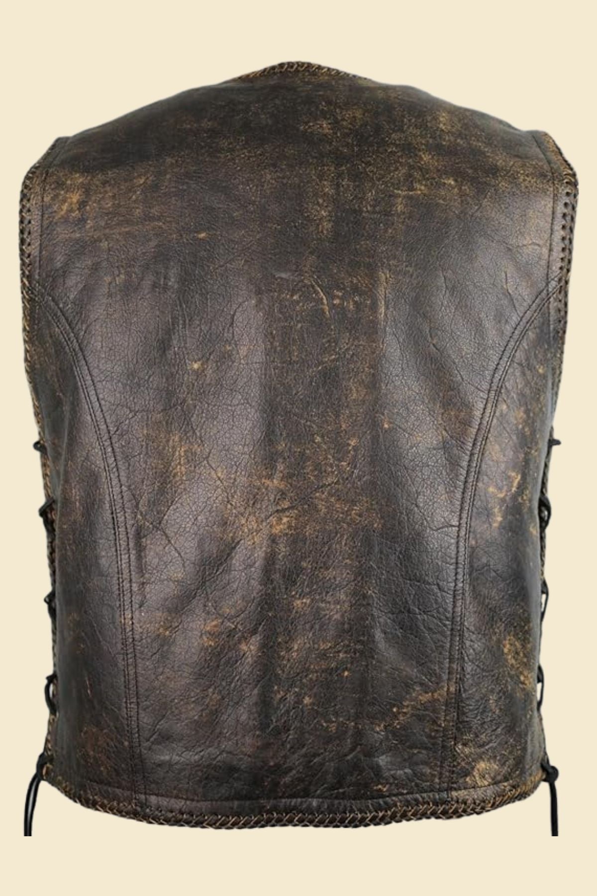 distressed brown leather motorcycle vest for men with rugged vintage styling.