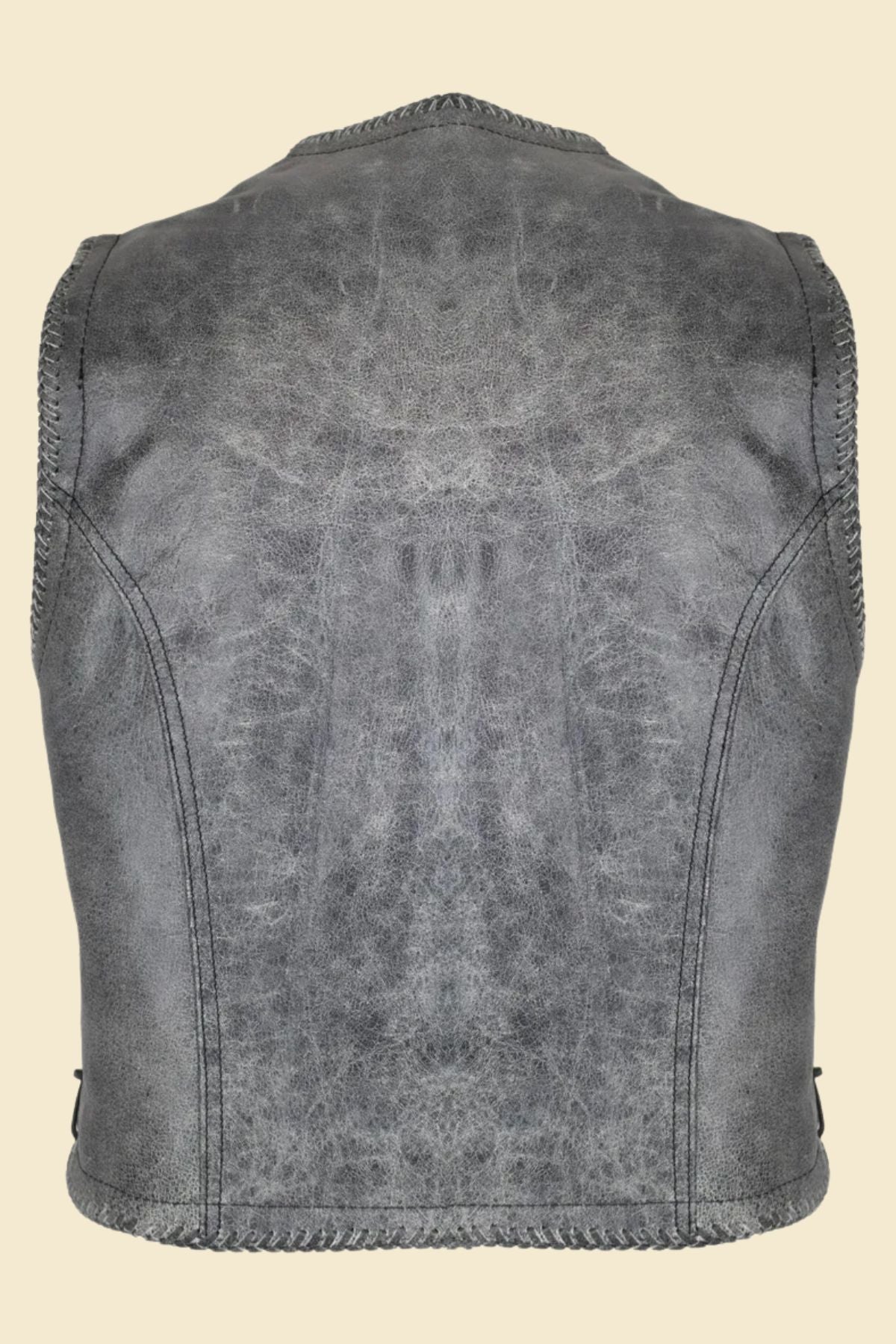 distressed gray leather vest paired with jeans and biker boots.
