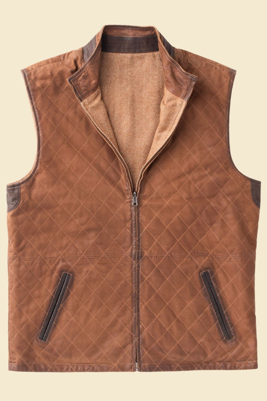 Brown quilted sheepskin leather vest for men