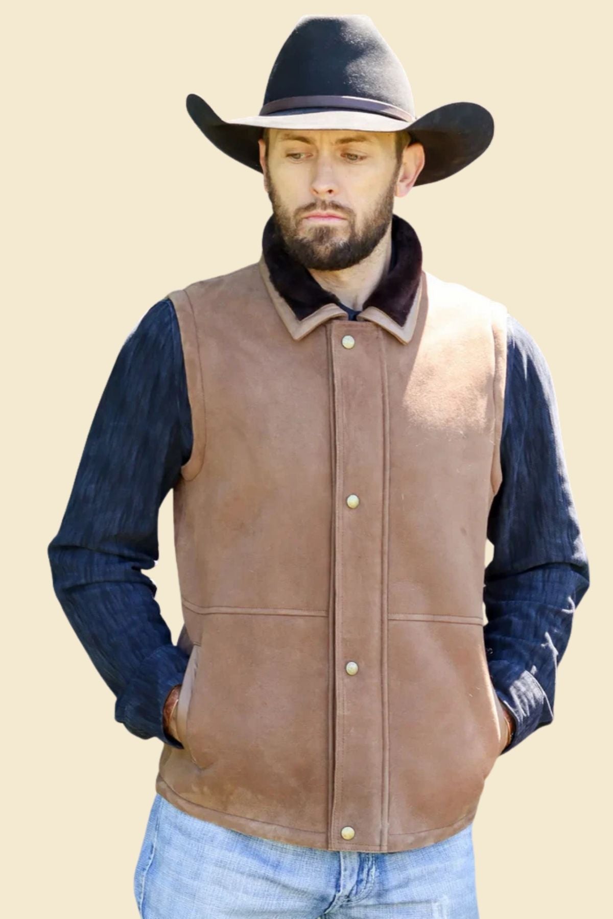 men’s brown sheepskin leather vest with faux shearling lining