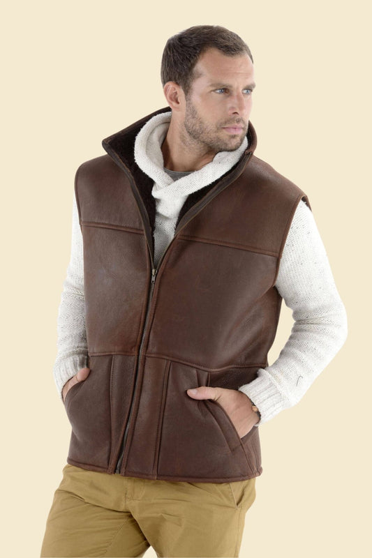 men’s brown sheepskin leather vest with faux fur lining for winter