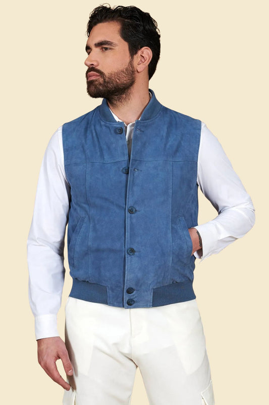 men’s blue suede leather vest in bomber style showing smooth finish and clean lines.