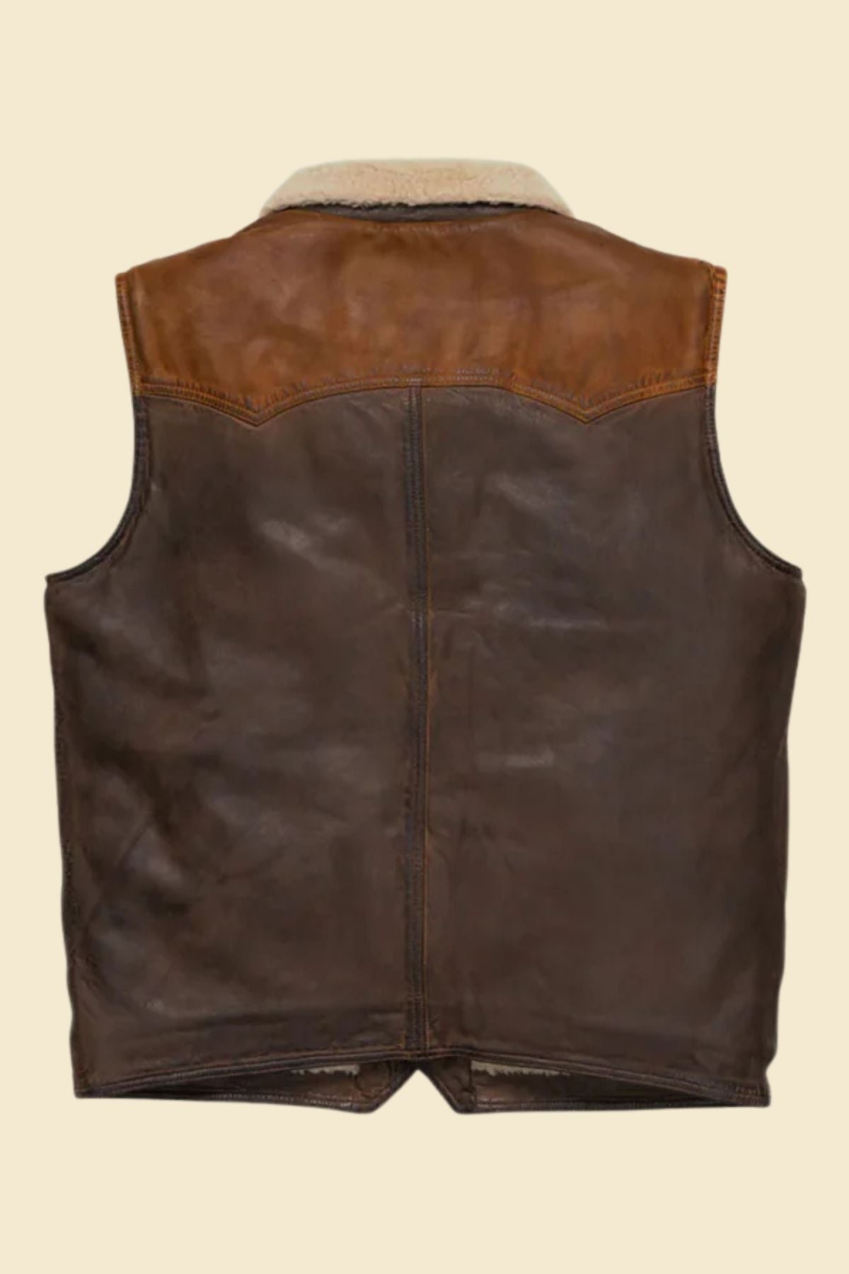 men’s brown leather vest with Western styling and sherpa inner