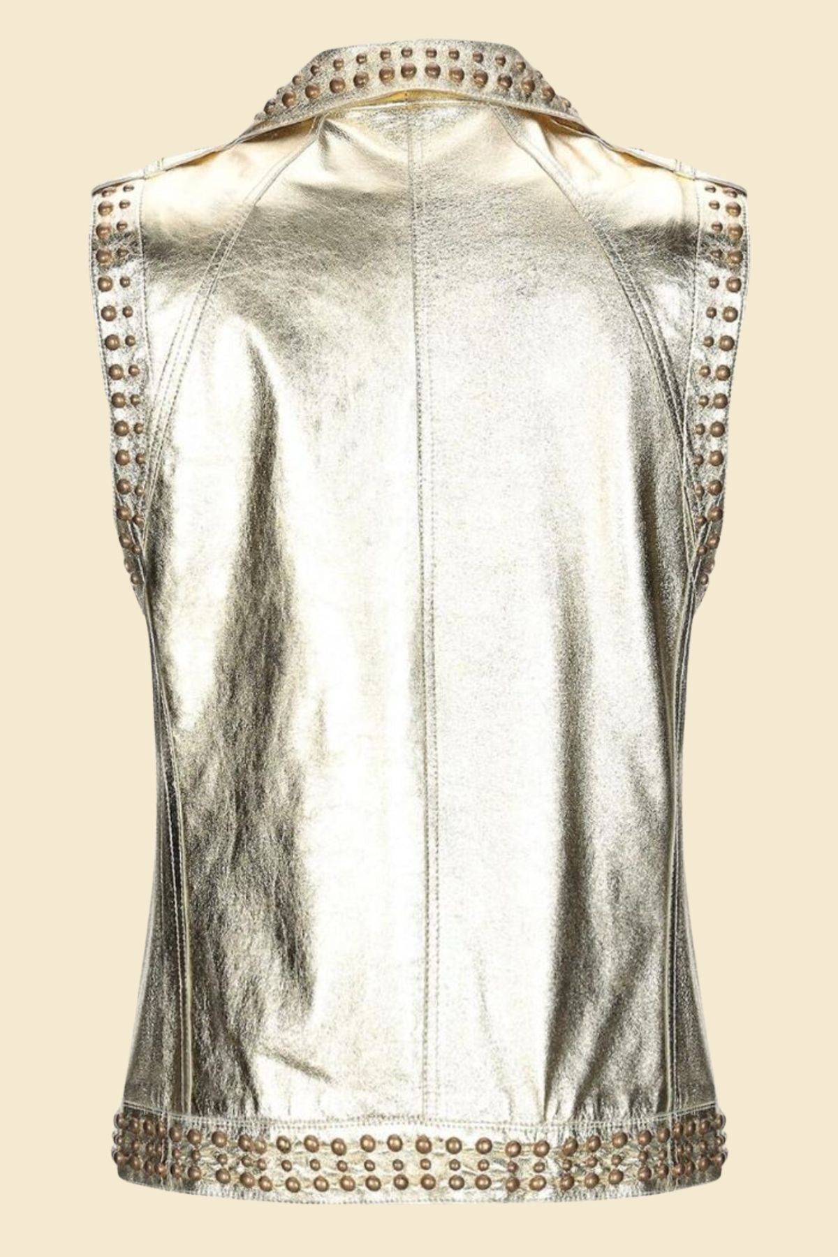 Bold women’s biker vest in metallic finish with gold inner lining.
