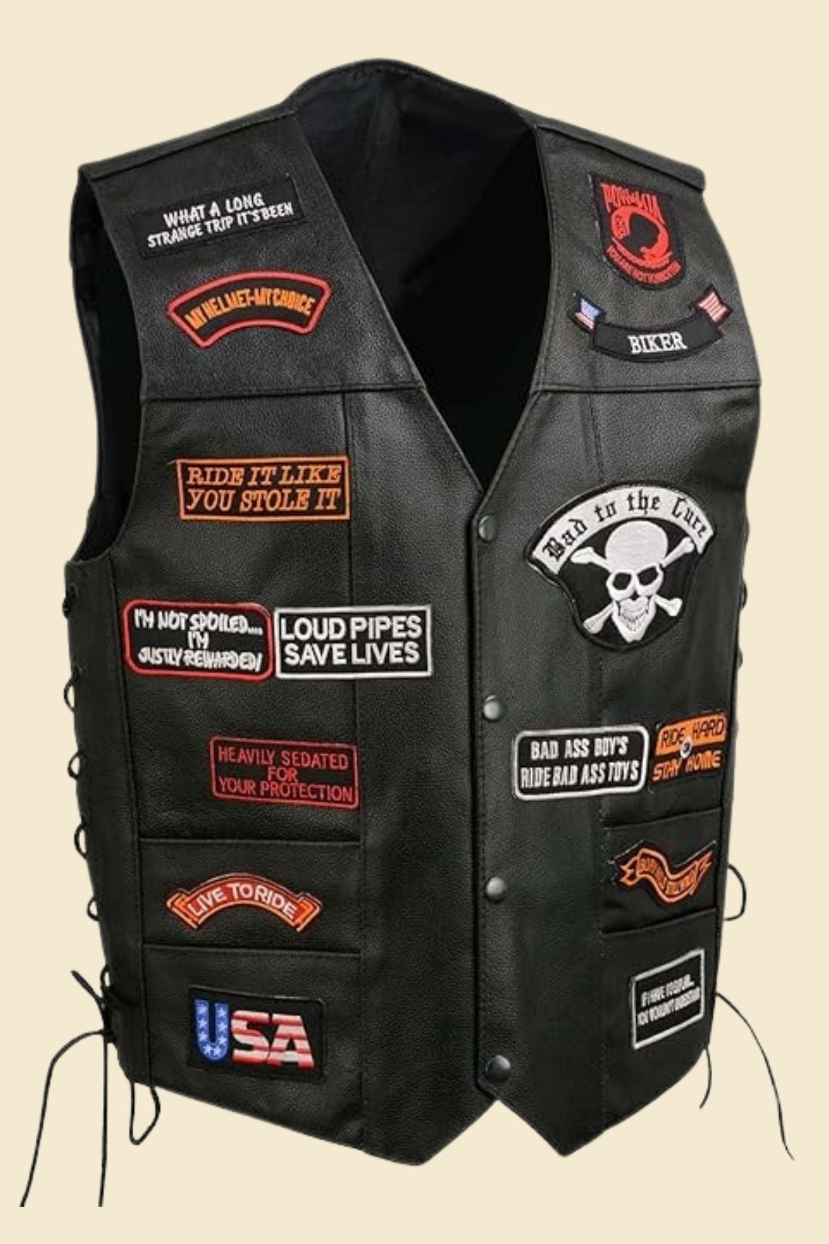 Men’s black leather motorcycle club vest featuring genuine cowhide and patch detailing.