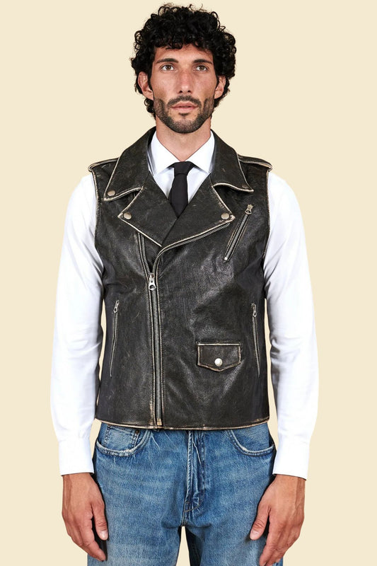 black cowhide biker vest styled with jeans and boots, ideal for riding or casual looks.