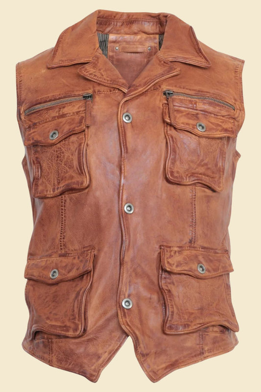 Men’s premium brown leather motorcycle vest with multiple utility pockets.