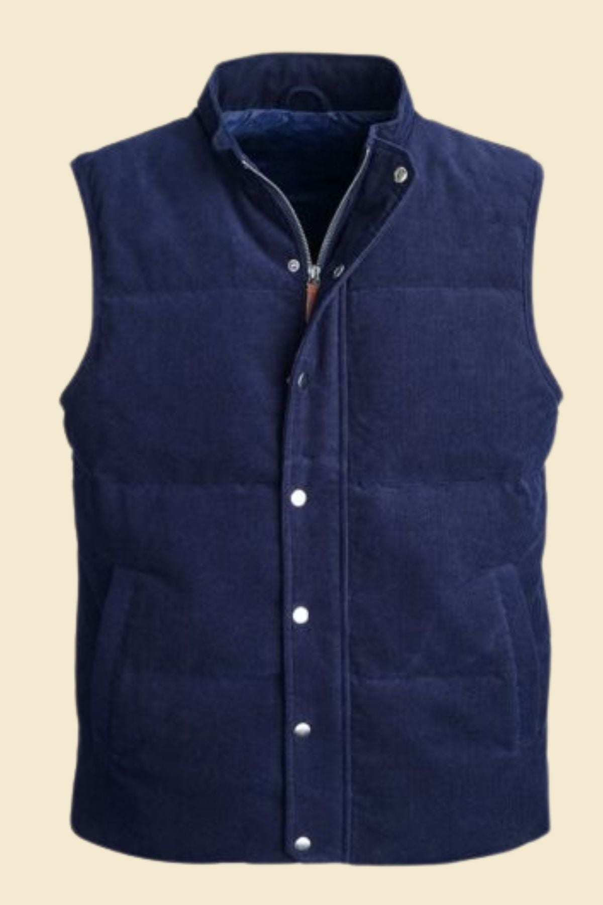 Men’s blue suede puffer vest with quilted design and full front zipper.