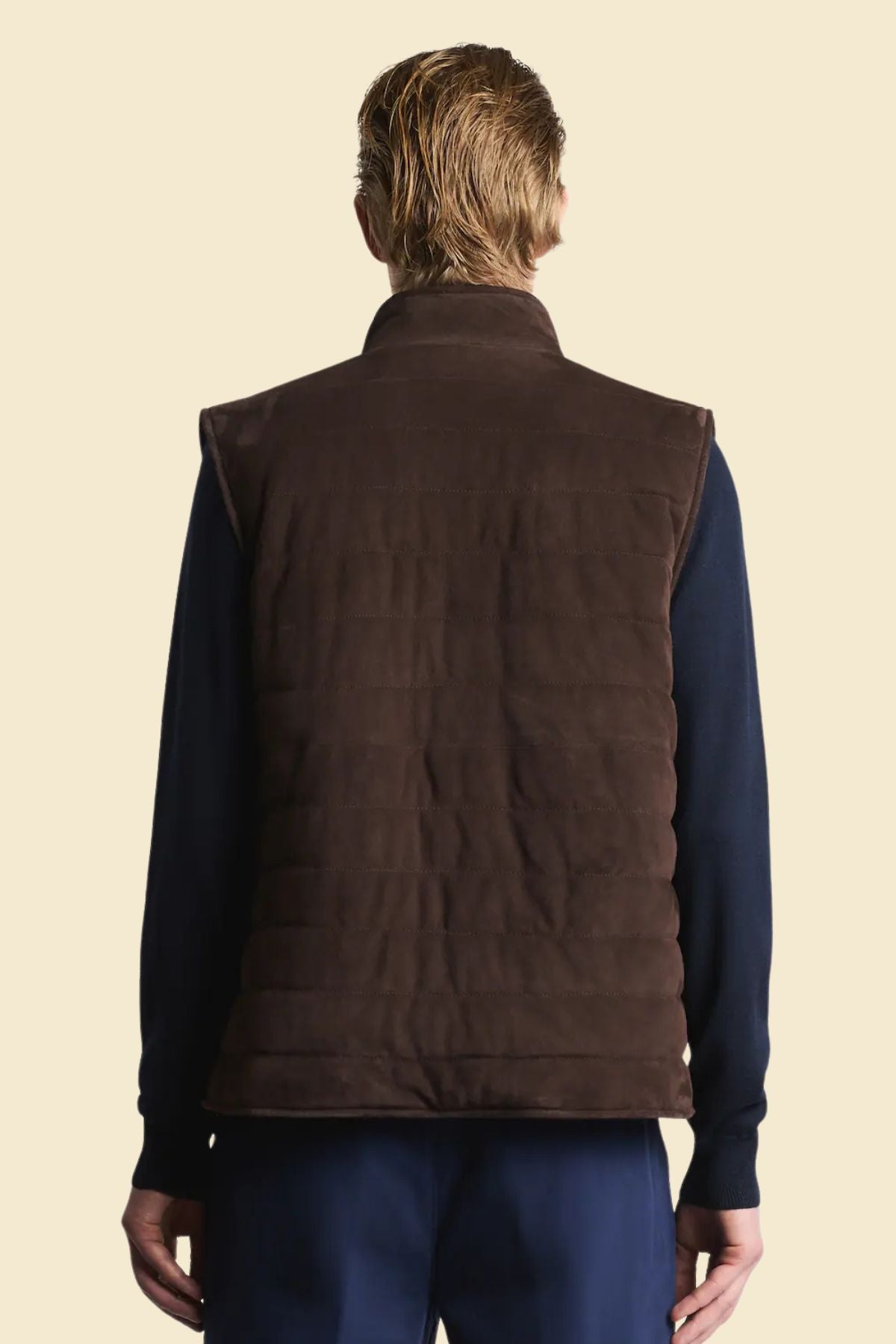 Stylish dark brown suede vest for men with down-style quilting.