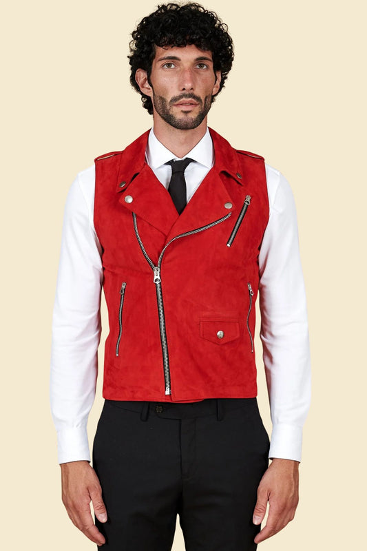 Men’s red suede biker vest with open front, perfect for motorcycle riding and casual wear.
