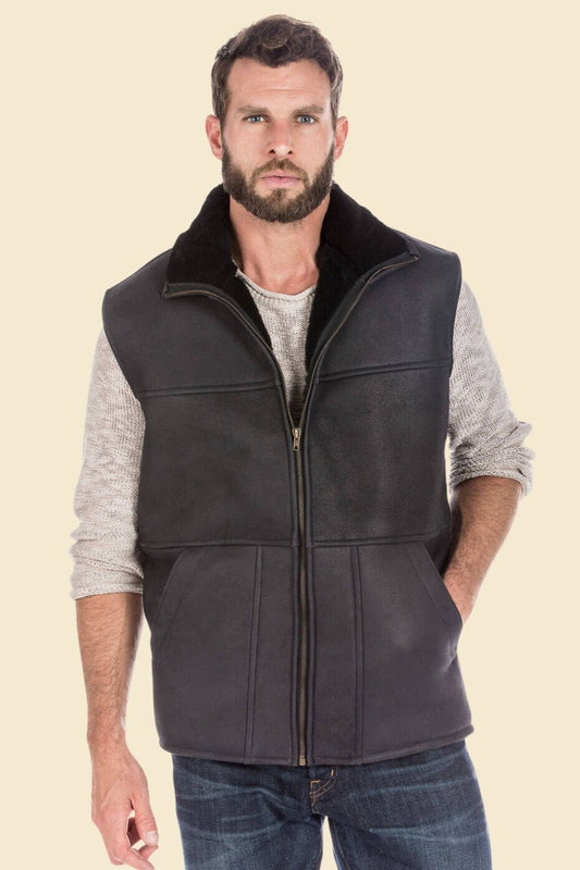 Men’s black shearling vest made from genuine sheepskin leather, featuring a soft faux shearling lining and a sleek, casual fit for everyday wear.