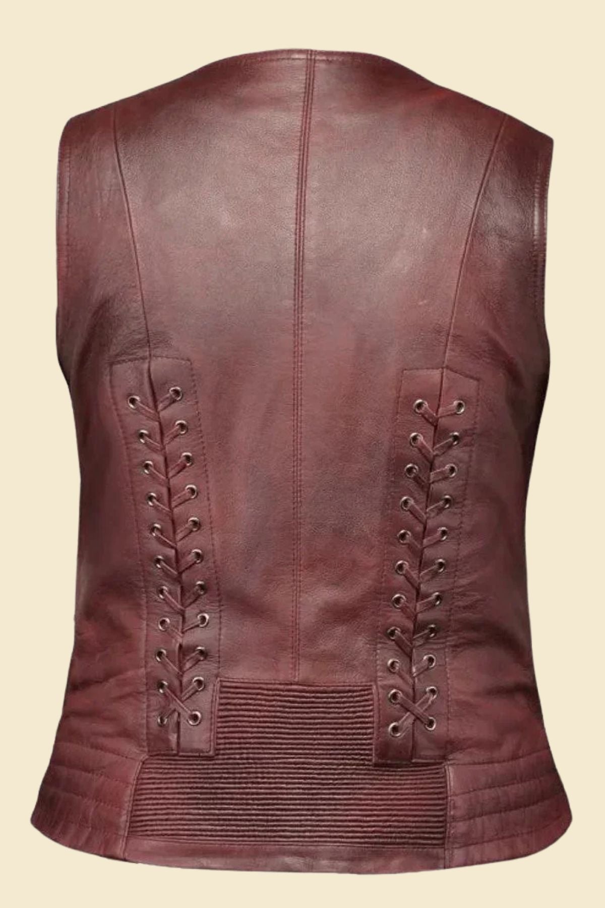 burgundy leather biker vest for women, featuring a soft polyester lining.