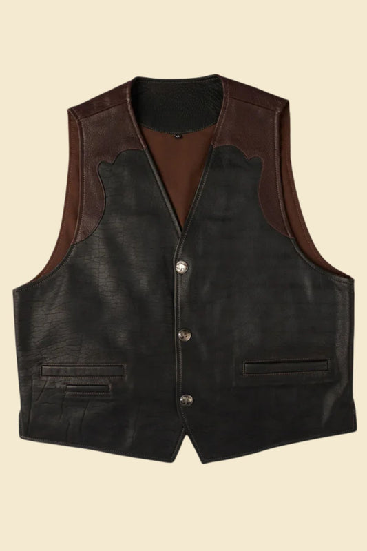 men’s brown sheepskin leather vest with Western yoke design and button closure.