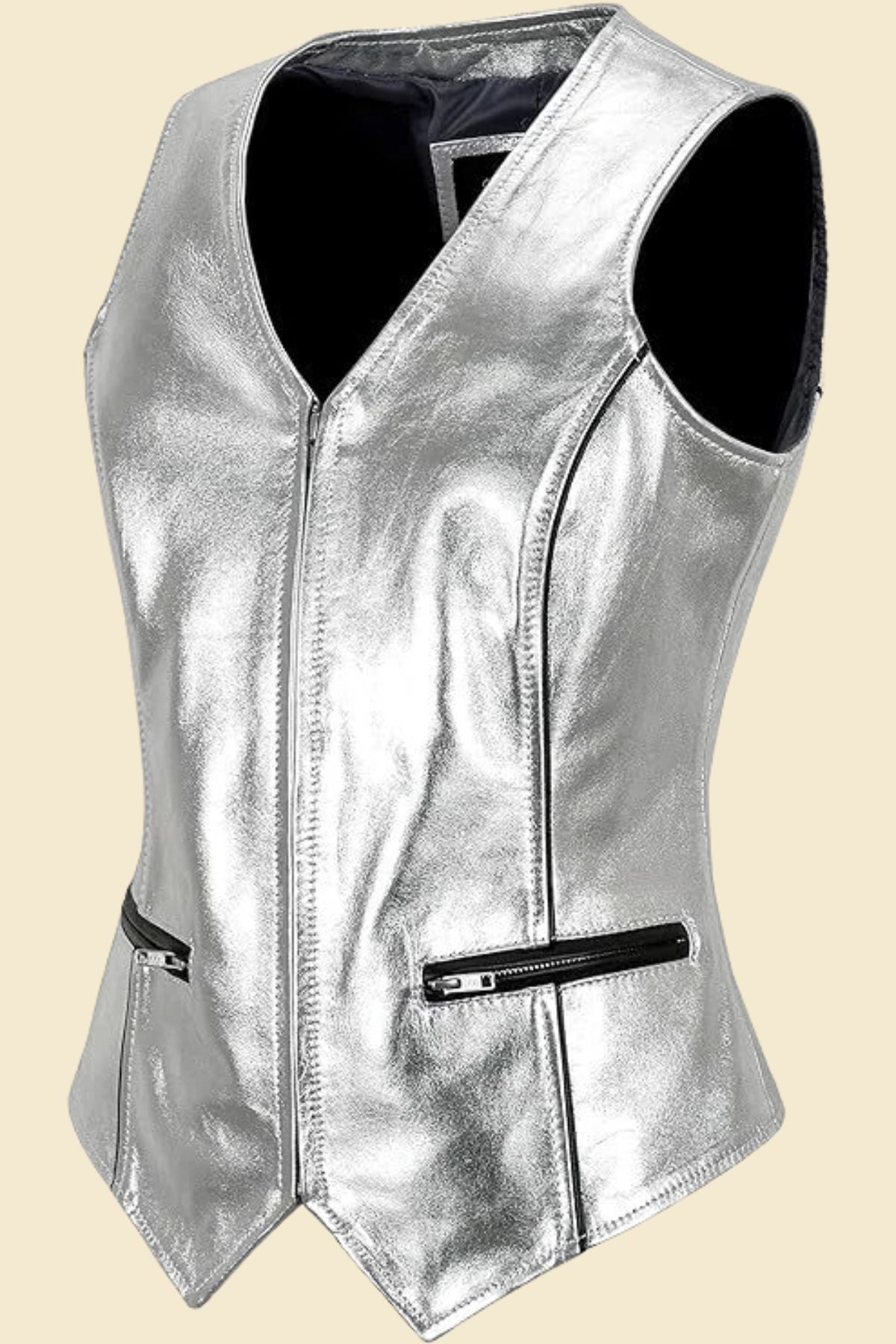 Sleek metallic leather vest for women in silver, styled for a bold look.