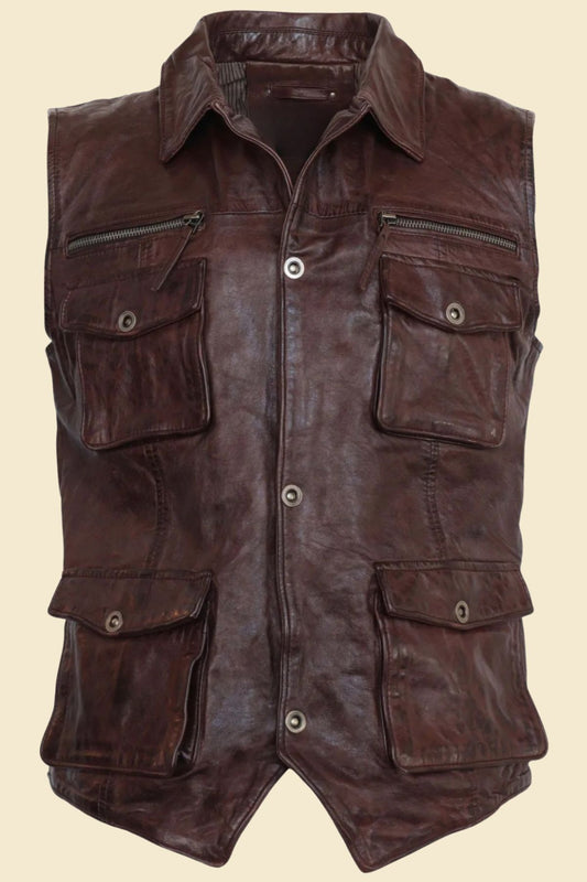 Vintage-style chocolate brown leather vest for men with multiple pockets.