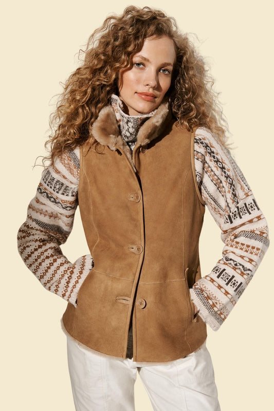 Women’s warm brown lambskin leather vest with soft faux fur lining.