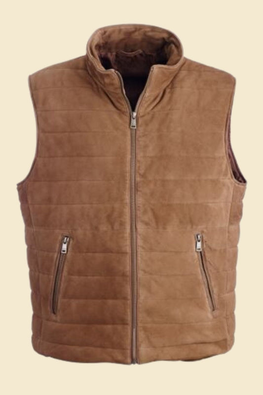 Warm down-style vest for men with dark brown suede-look finish.