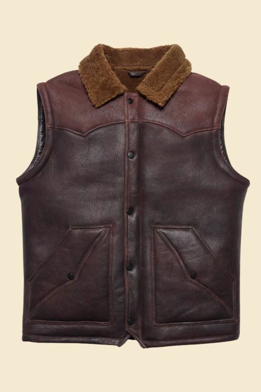 men’s Western brown lambskin leather vest with soft faux fur lining.