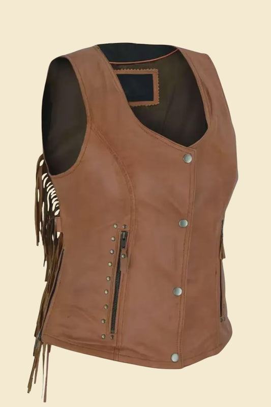 Women’s brown sheepskin leather vest with fringe in biker style.